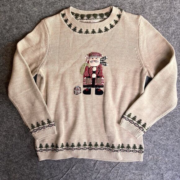 Christopher Banks‎ Christmas Sweater Women’s Medium Hand Embroidered Santa Trees - Picture 1 of 6